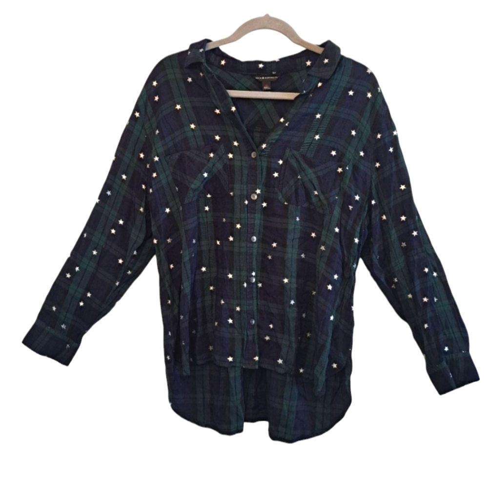 Rock & Republic Black Green Plaid Stars Button Down Size XL